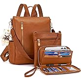 Soperwillton Women Fashion Backpack Purse Anti-Theft Leather Shoulder Bag Travel Multi Pockets Handbag Wallet Set 3pcs