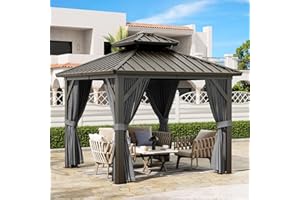 PEAKPURSUIT 10'x10' Hardtop Gazebo, Heavy Duty Aluminum Permanent Hardtop Gazebo Outdoor Pavilion with Curtains and Netting for Garden (Gray, 10'x10')