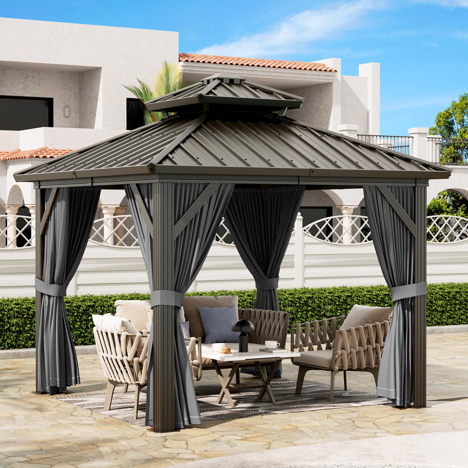 Photo 1 of *Box 3/3 Only* *HEAVY* 10'x10' Hardtop Gazebo, Heavy Duty Aluminum Permanent Hardtop Gazebo Outdoor Pavilion with Curtains and Netting for Garden (Gray, 10'x10')