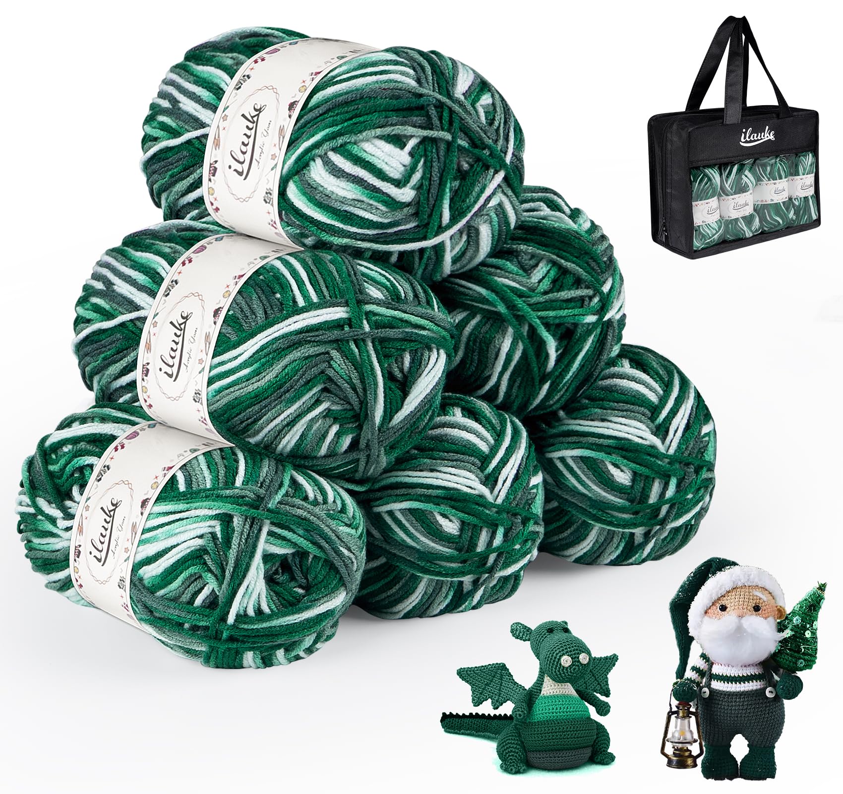 ilauke Yarn for Crochet 6 x 50g, Knitting Wool Yarn 4-ply with Carrying Bag, Wool Packs for DIY Crafts Blanket Christmas Dolls, Double Knitting Wool, Dark Green — image 1