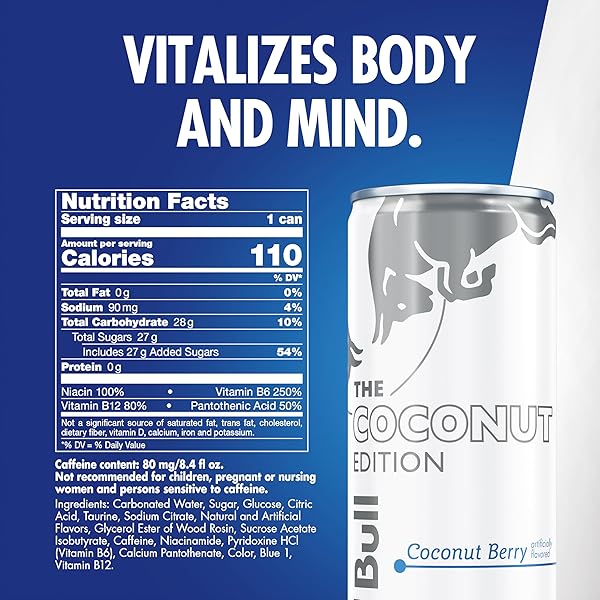RED BULL COCONUT EDITION ENERGY DRINK, COCONUT BERRY, WITH 80MG CAFFEINE PLUS TAURINE & B VITAMINS, 8.4 FL OZ, 6 PACKS OF 4 CANS (PACK OF 24)