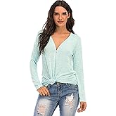 LUSMAY Women's Long Sleeve V Neck Zip Down Shirts Loose Soft Blouse Outwear Knit Tops