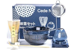 CEDE NOO 7pcs Matcha Whisk Set with 18oz Spout Bowl, Japanese Tea Ceremony Kit, Natural Bamboo Whisk Scoop, Ceramic Holder Sifter Towel, Best Gift for Beginners and Matcha Lovers