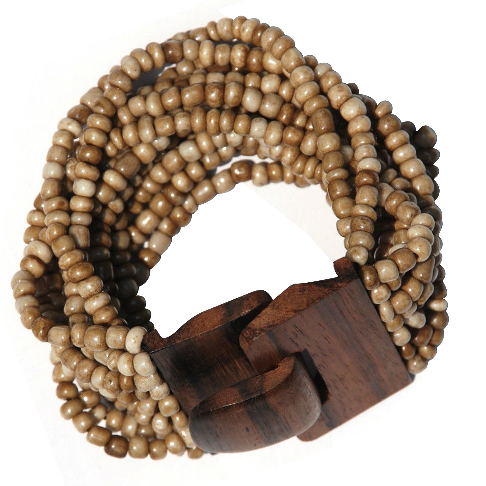 IndoMode Rustic Bone White Ethnic Beaded Bali Bracelet with Dense Hardwood Buckle Clasp
