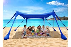 LUCKIT Beach Tent Sun Shelter, Portable Sun Canopy UPF50+ Outdoor Shade with 4 Stability Poles and 8 Sandbags, 10 x 10ft, Sand Shovel, Ground Pegs and Carry Bag for Beach, Camping, Fishing, Picnics