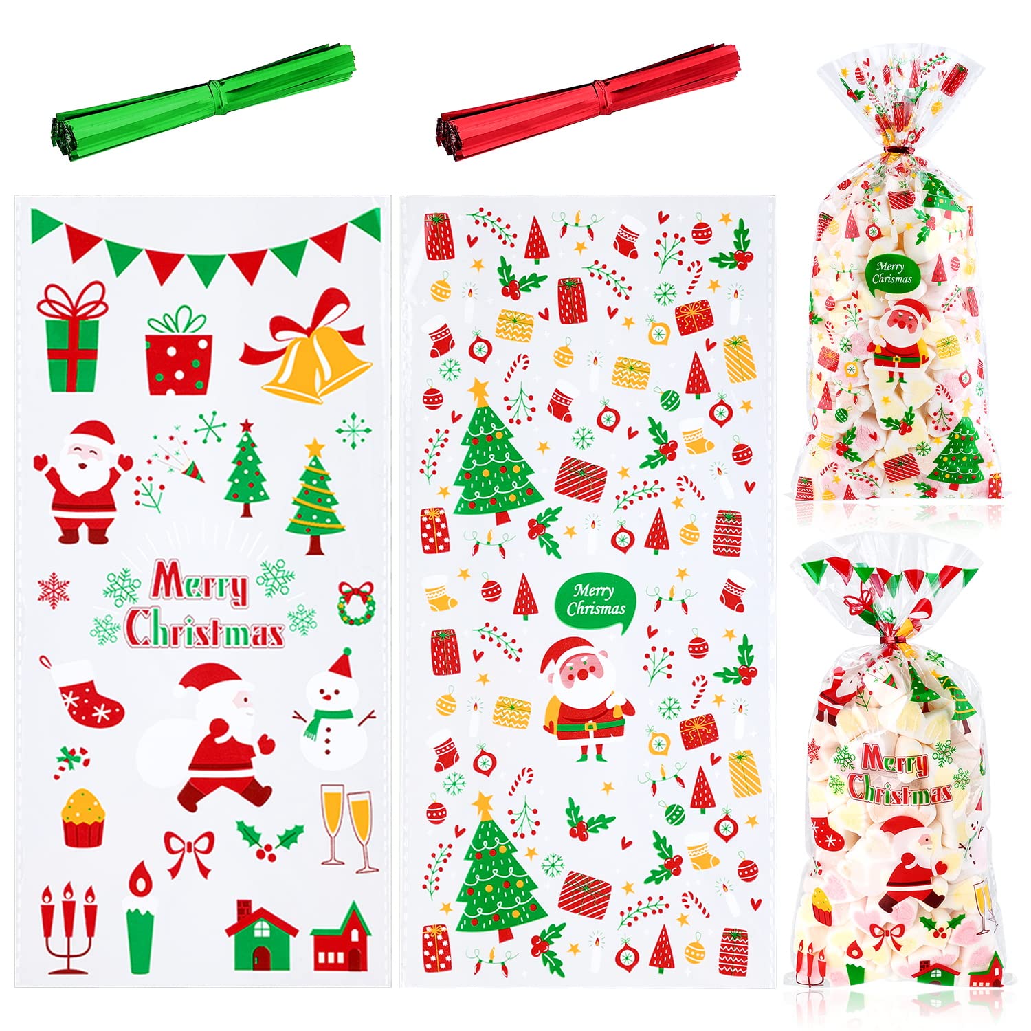 100Pcs Christmas Cellophane Bags,Santa Claus Bells Elk Pattern Party Bags Christmas Sweet Cookie Bags with 100Pcs Red Green Twist Ties for XMAS Party Supplies