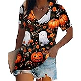 Women Halloween Shirt Funny Pumpkin Face Graphic Tees Autumn Casual V-Neck Fall Short Sleeve Loose Tops