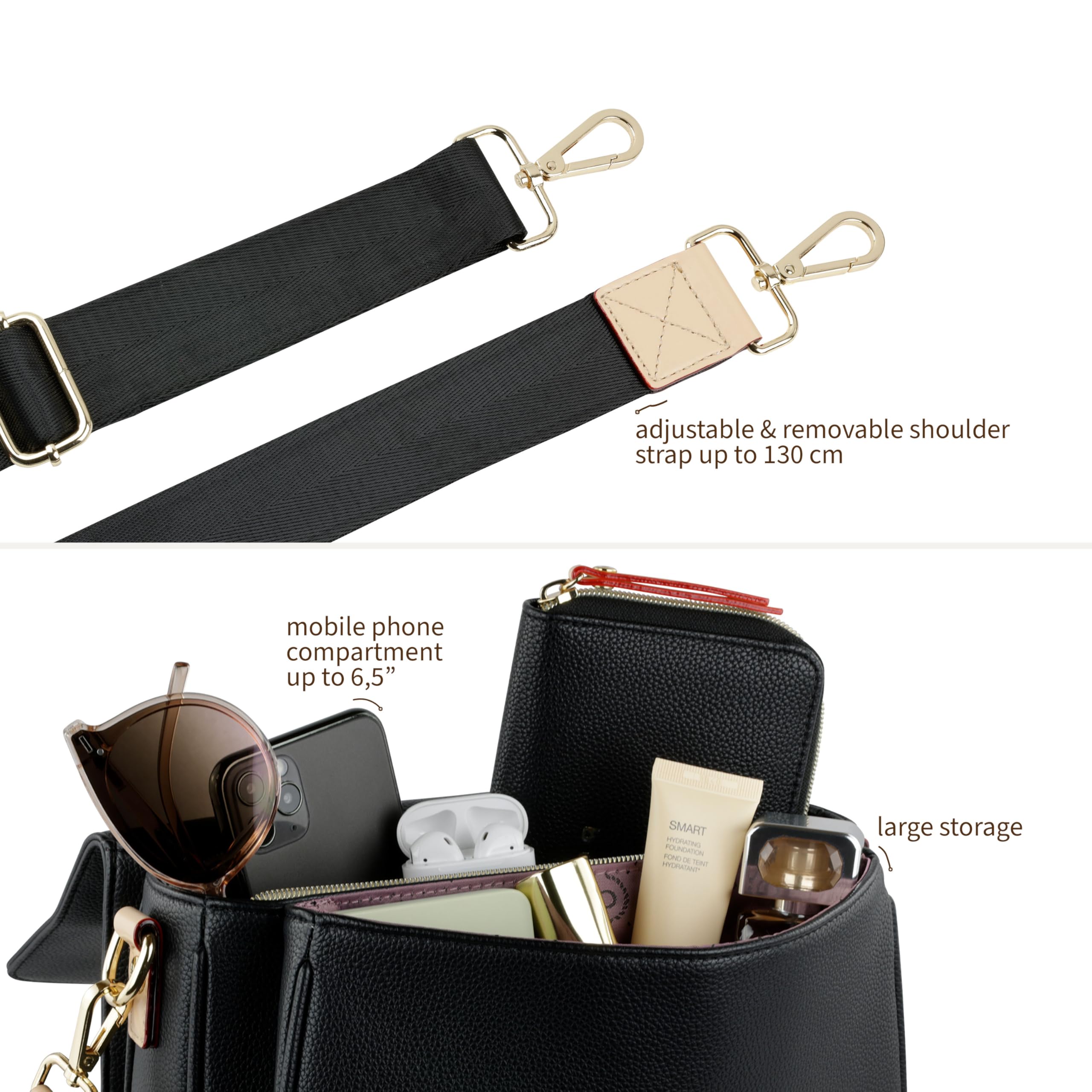 bugatti Ella Classic Women's Faux Leather Shoulder Bag Handbag, black, S, Contemporary