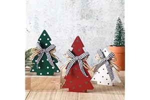 Yookeer Christmas Decor 3 Pieces Wood Table Rustic Christmas Tree Farmhouse Wooden Xmas Centerpiece for Small Table Xmas Trees Red Green Tiered Tray Party Decoration(Polka Dot Style)
