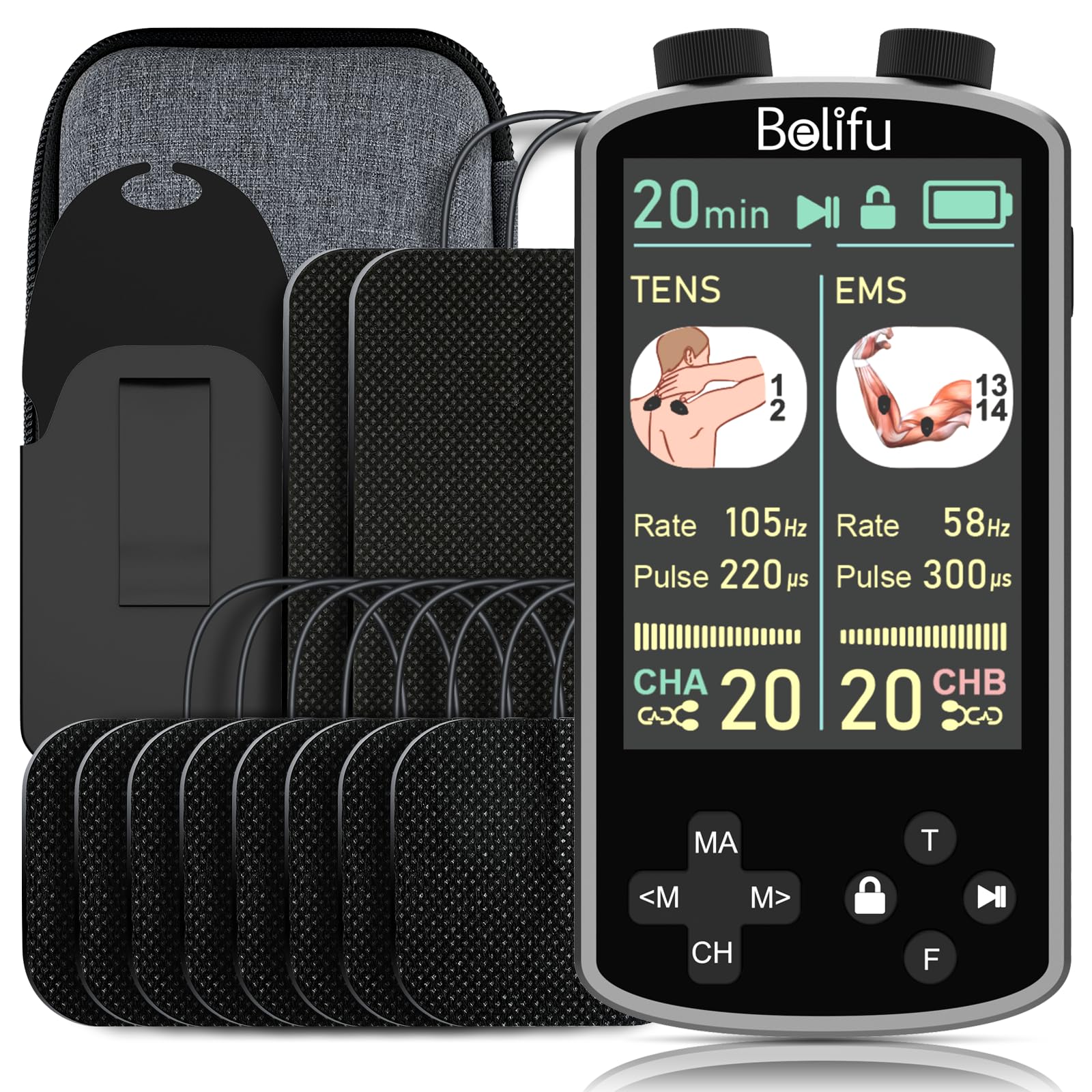 TENS EMS Unit Muscle Stimulator for Pain Relief Therapy - 4 in 1 TENS & EMS & Relax & Custom Frequency + Pulse - Muscle Massager 36 Modes 20 Intensity, Memory & Favorites Function with 600mAh Battery