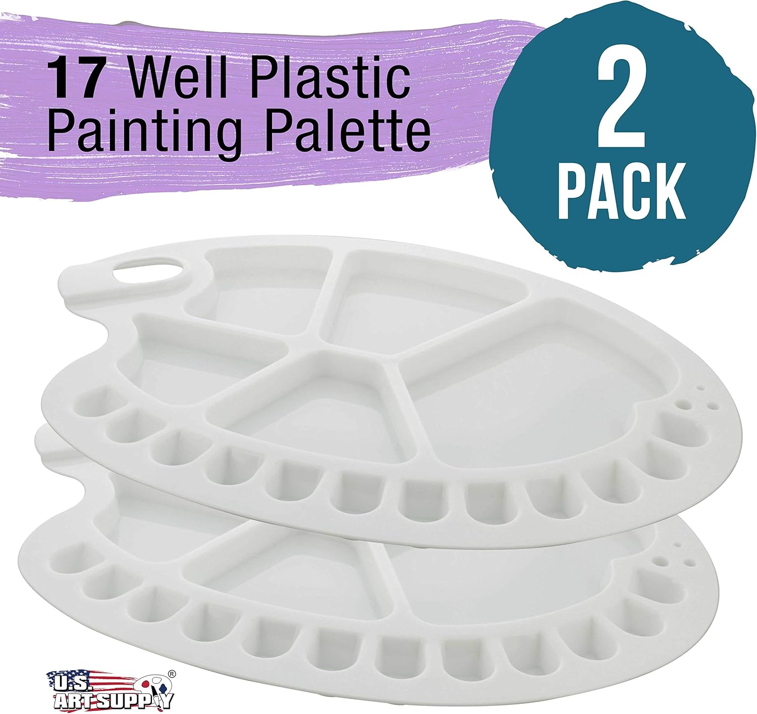 U.S. Art Supply 17-Well Artist Painting Palette (Pack of 2) - Plastic Artist Paint Color Mixing Trays - Kids, Art Students, Classroom, Class Craft Projects, Party Events - Acrylic, Oil, Watercolor