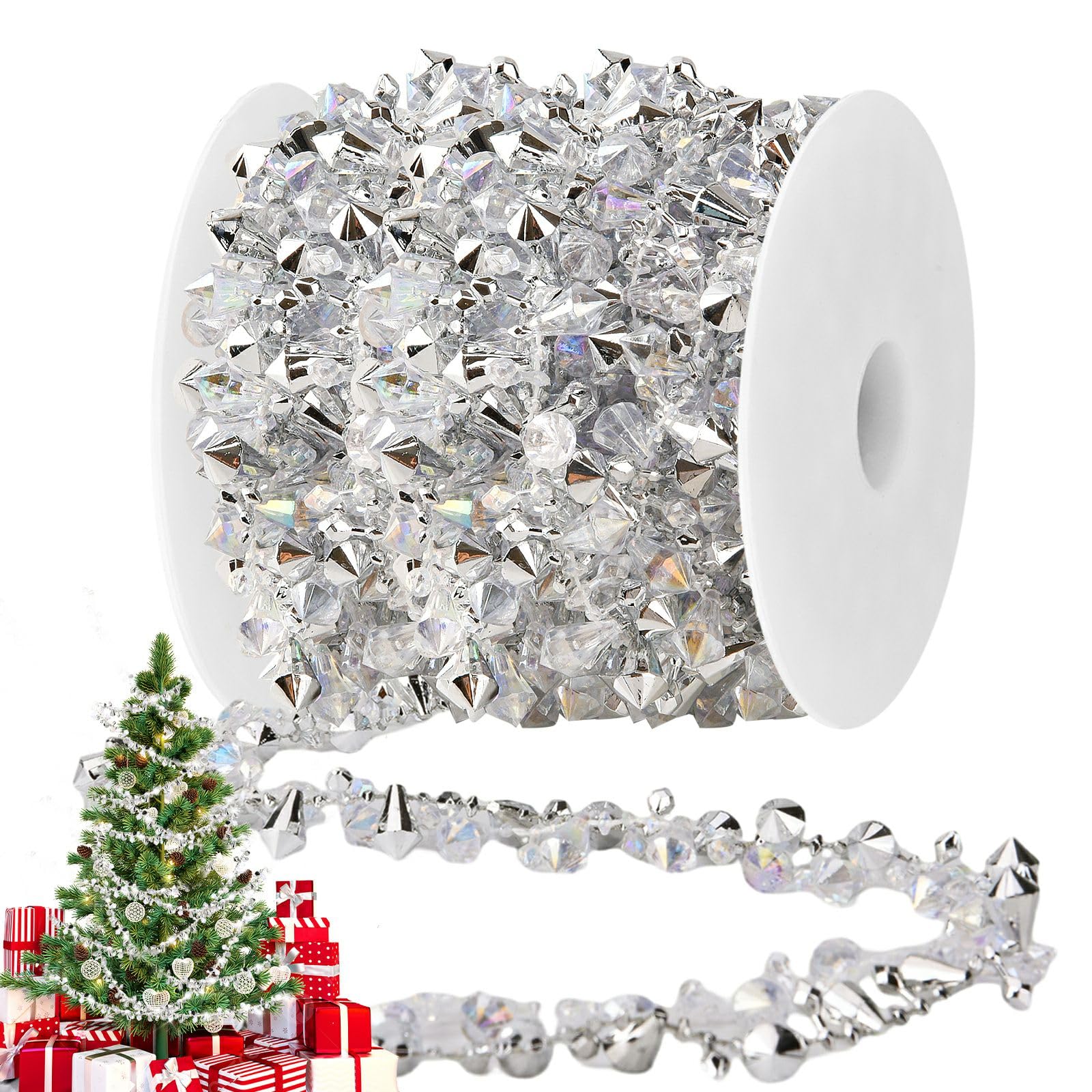 16ft Christmas Garlands Crystal Acrylic Bead Garlands, Clear Iridescent Bead Garland Twist Bead String for Christmas Tree Decoration, Rustic Crystal Garland Ornaments Home Decorations (Silver)