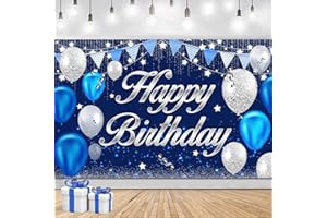 MDCGFOD Happy Birthday Banner - Birthday Decorations for Men Women Boys Girls Blue Sliver Birthday Party Banners Welcome Happy Birthday Background Sign Theme Party Decorations Indoor Outdoor