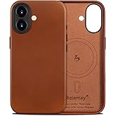 Belemay Handcrafted Full-Grain Vegetable-Tanned Leather Case for iPhone 17, Compatible with MagSafe, Classy Two-Tone Effect, Natural Patina, Camera Control Button, Metal Buttons (6.3"), Saddle Brown