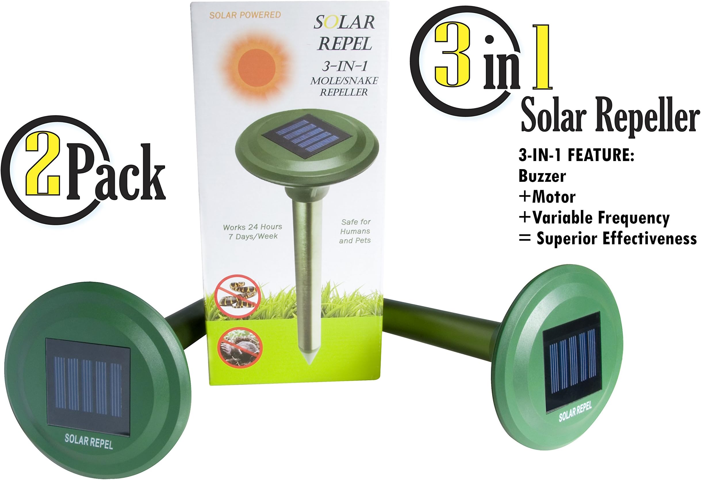 3-in-1 Extra-Large Solar Powered Sonic Pest Repeller. Repels Moles, Snakes, Gophers, Vole, Shrew. Waterproof and Child/Pet Safe for lawns or gardens. Humane way to maintain pest control. (2-Pack)