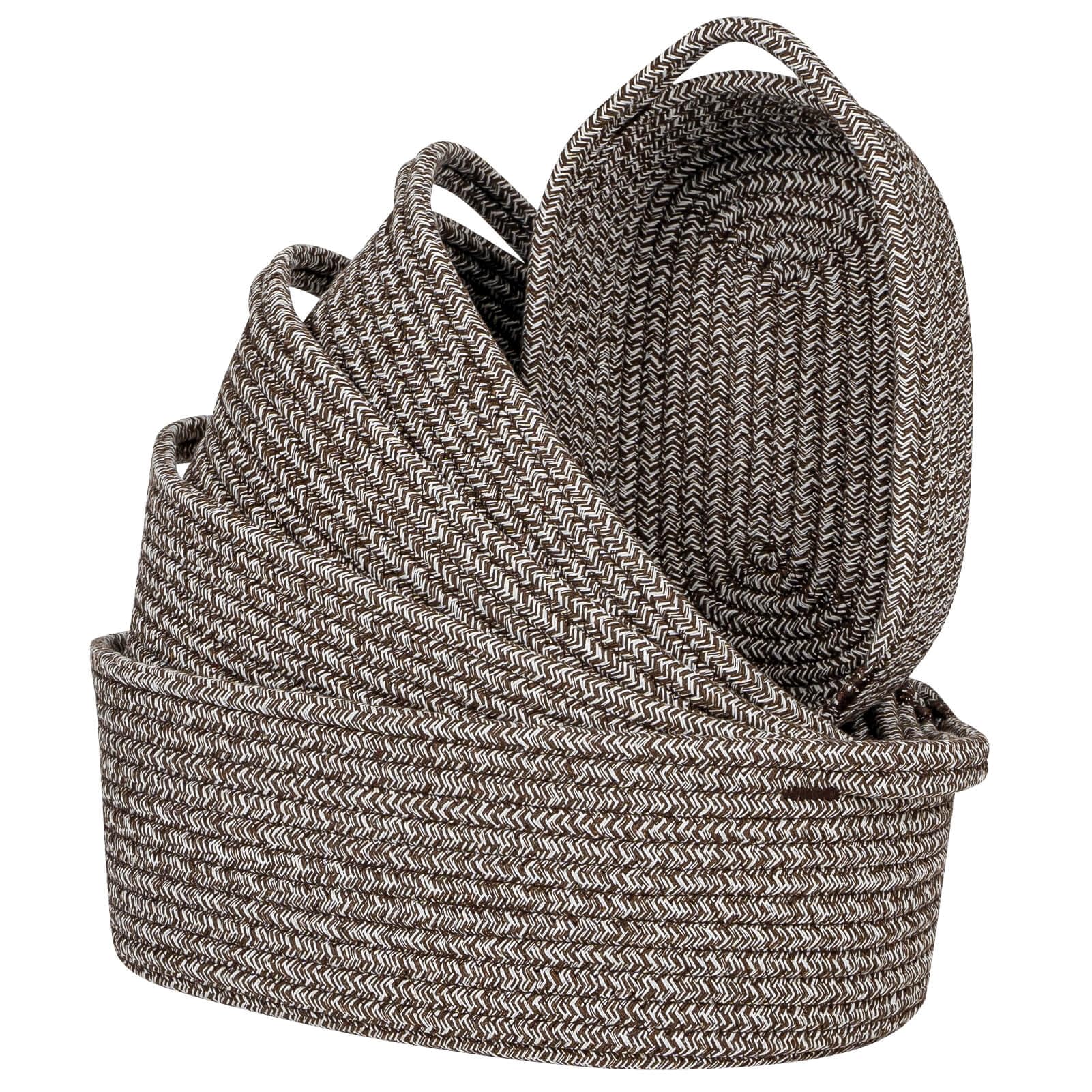 Photo 1 of *MINOR FRAYING* CubesLand Small Cotton Rope Storage Basket Set 5, Shelves Baskets for Organizing with Handle, Decorative Closet Storage Bins for Countertop Toilet Paper Basket for Toilet Tank Top,Mixed Brown Basket