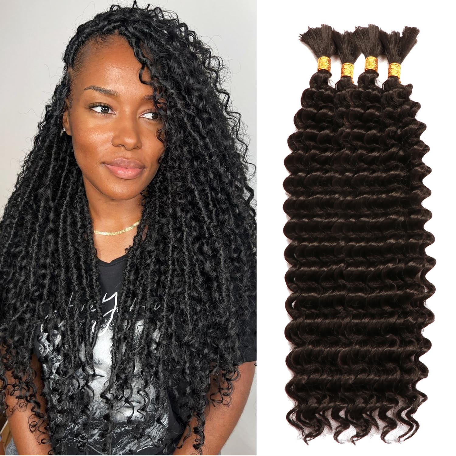 18 Inch Long Curly Braiding Hair for Boho Braids 200g Synthetic Deep Wave Bulk No Weft Wet and Wavy Crochet Hair for Women Knotless Braids Hair Extensions (1B#, 18 Inch(50g/Bundle x4)) — image 1