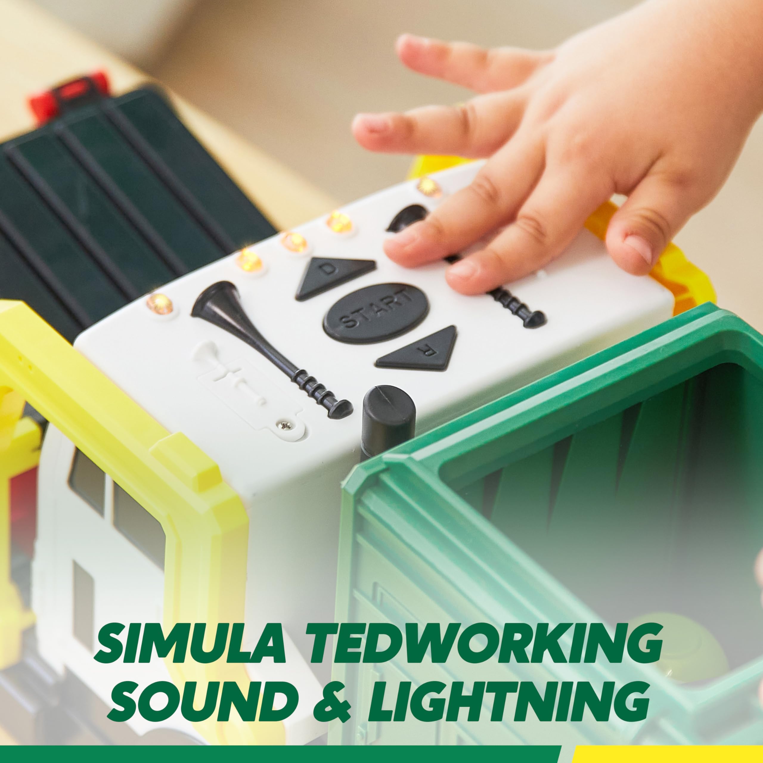 JOYIN Müllauto Spielzeug mit Lichtern und Sound,40cm Großer Müllwagen Spielzeug ab 3 4 5 6 7 Jahre,Müllabfuhr Auto Kinder mit Frontlader-Mülltonne, 3 seitlichen Mülleimern mit 30 Stück (Grün) 2