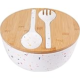 ECOWAY Melamine Salad Bowl with Bamboo Lid & Servers, Bamboo Fiber Salad Serving Bowl 4Qt, Salad Mixing Utensils with Tongs Spoon for Salad, Fruit, Soup, Vegetables, Pasta, Dessert Bowls, 9.84 Inches