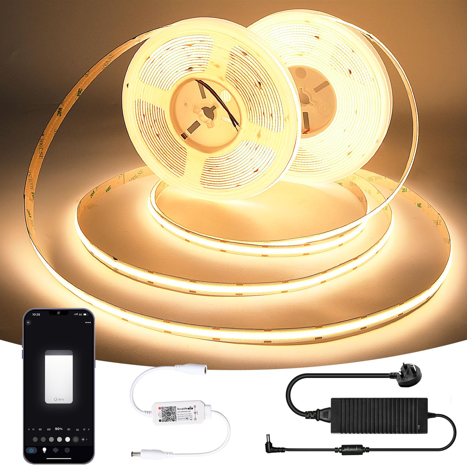 Brillistep WiFi Cob Led Strip Light 20M Warm White 3000K 24V, Dimmable Led Strip Set with APP Control, 20m Led Tape Light Kit 384LEDs/Meter for Home Decoration