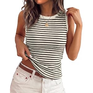 WIHOLL Tank Tops for Women Summer Striped Ribbed Knit Slim Fit Side Ruched | Wide Strap, Fashion Clothing, Sleeveless Shirts