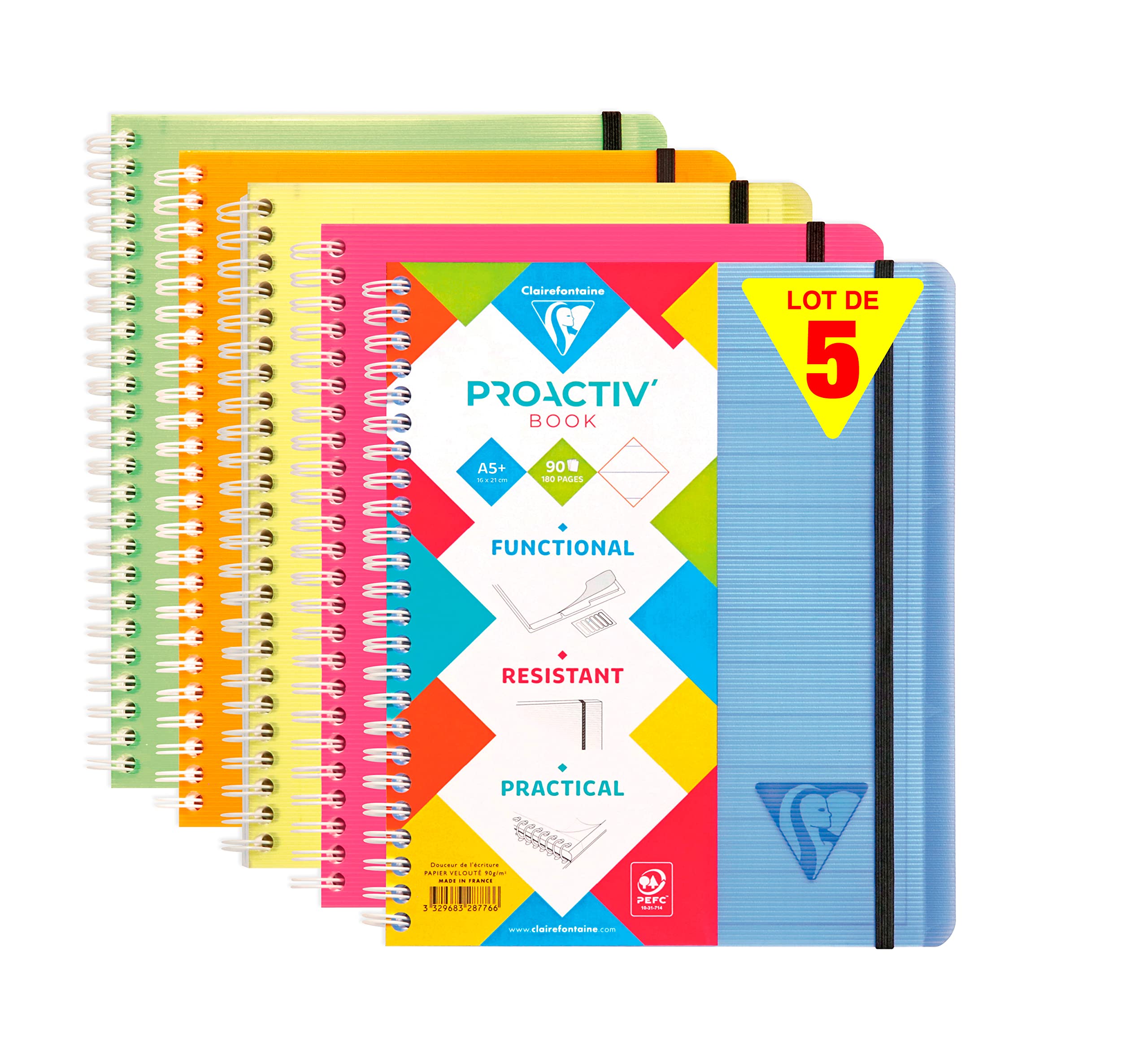 Clairefontaine 328776C LiniColour Pack of 5 Proactiv'Book Notebooks A5+ 16x21 - 160 Pages Lines - White Paper 90 g - Transparent Polypro Cover - Random Colours