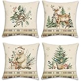 Bonhause Winter Throw Pillow Covers 18 x 18 Inch Bear Reindeer Pine Trees Leaves Plaid Decorative Pillow Cases for Couch Sofa Bed Home Holiday Decor Set of 4