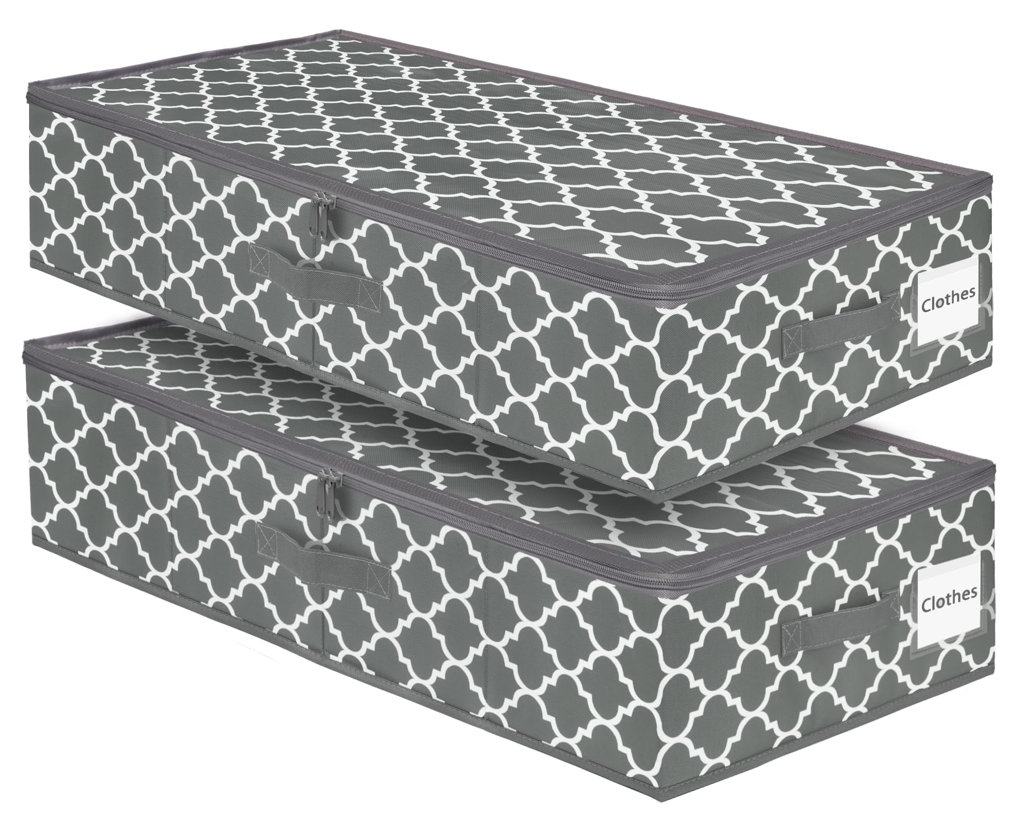 JUPELI 2 Pack Large Rectangular Linen Storage Boxes with Lids, Foldable Sturdy Under Bed Clothes Storage Drawer Organiser with Side & Bottom Support, Ultra Thick Fabric Calabash Under Bed Storage