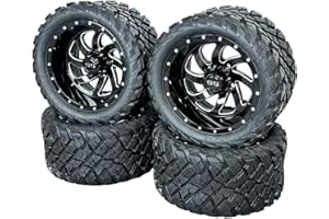 HUSKEY PARTS COMPANY 12 Inch Glossy Black Phantom Golf Cart Wheels & Tires Set of 4, 20x10-12 All Terrain Tires/Street Use, DOT Certified Golf Cart Wheels Compatible with EZGO, Club Car, YMH