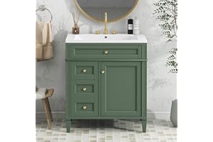 Linique 30" Bathroom Vanity with Sink Combo Set, Solid Wood Frame Modern Bathroom Storage Cabinet with 2 Drawers and a Tip-Out Drawer, Soft Closing Cabinet Door with Organizer, Green