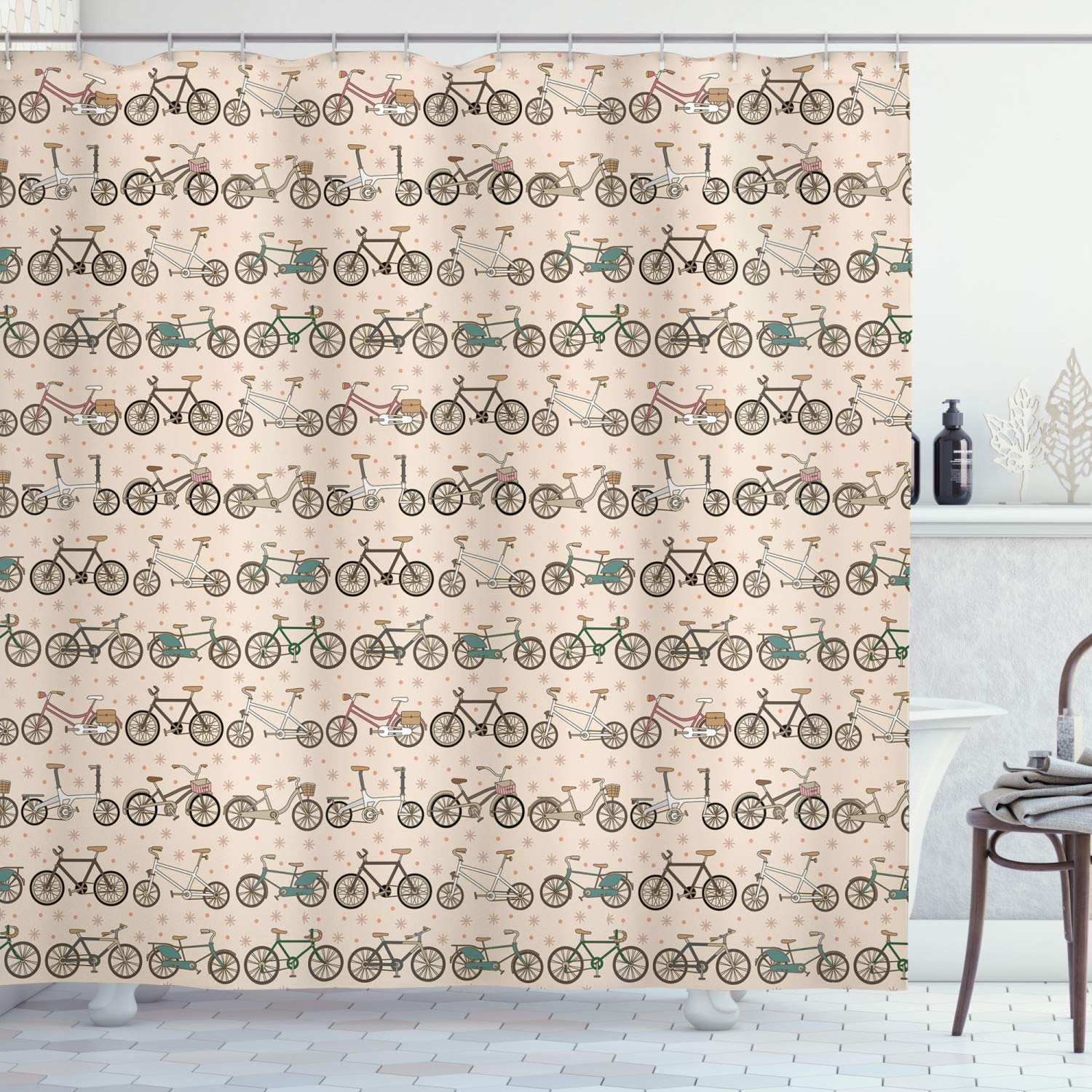 ABAKUHAUS Bicycle Shower Curtain, Retro Pattern with Different Bicycles Floral Details and Dots Fun Ride Urban Living, Cloth Fabric Bathroom Decor Set with Hooks, 86 Inches Extra Long, Multicolor