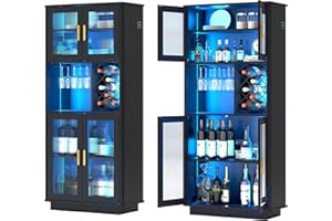 LVSOMT LED Wine Bar Cabinets with Removable Wine Rack, Bar Cabinets for Liquor with Light Motion Sensor, Kitchen Cabinet Storage for Dinning Room, Living Room (Black)