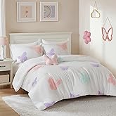 Intelligent Design Kids Rio Full/Queen Comforter Set – Girls’ Reversible Tufted Chenille Bedding with Pastel Purple Butterflies and Pink Dot, 4pcs