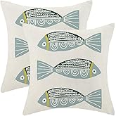 Sorktse Coastal Blue Fish Pillow Covers 18x18 Inch Set of 2 Ocean Outdoor Throw Pillows Spring Summer Beach Nautical Pillowcase Linen Outdoor Decorative Cushion Covers for Bed Sofa Couch