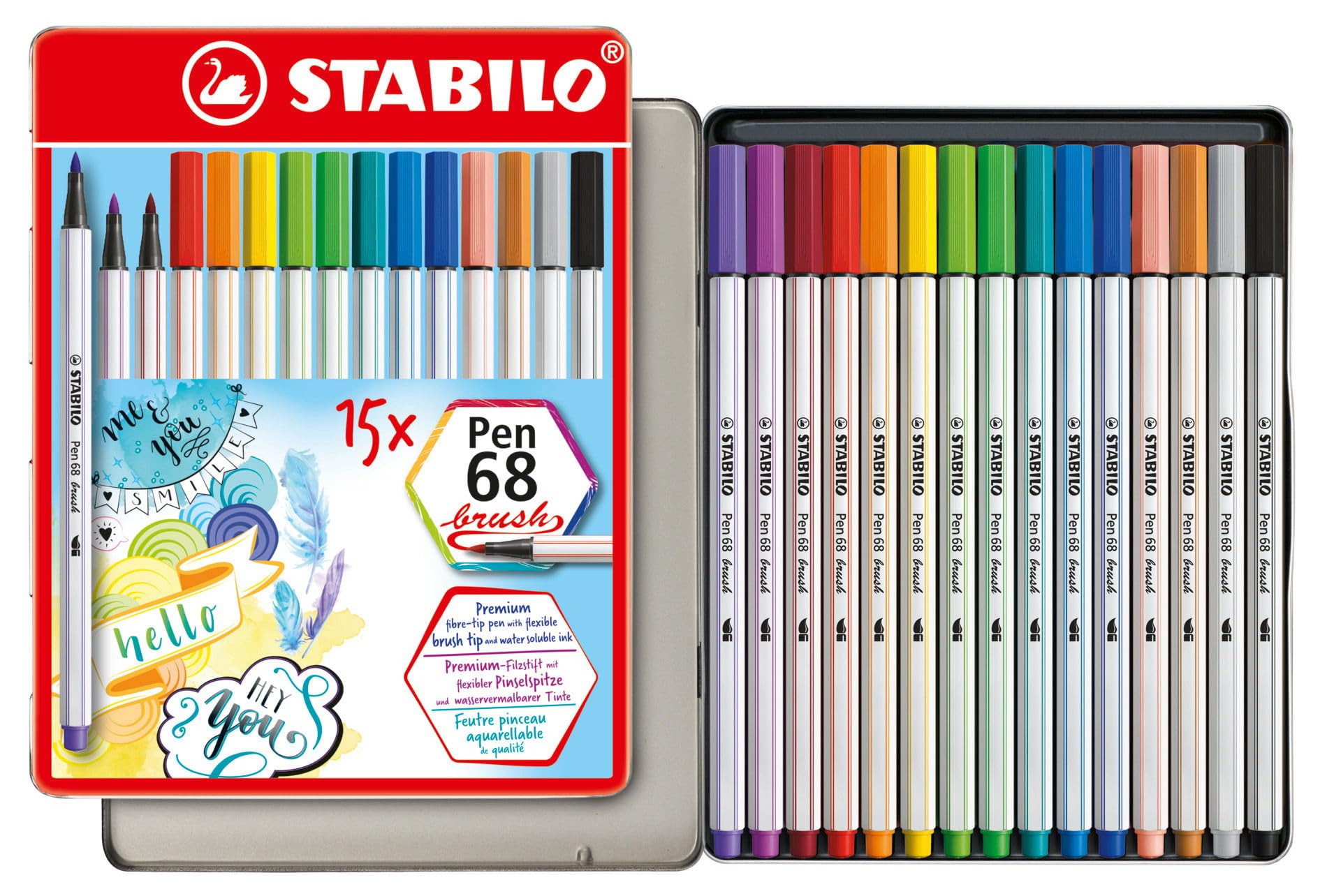 STABILO Pen 68 brush - Premium Fibre-Tip Pen with Brush Tip - Tin of 15 - Assorted Colours