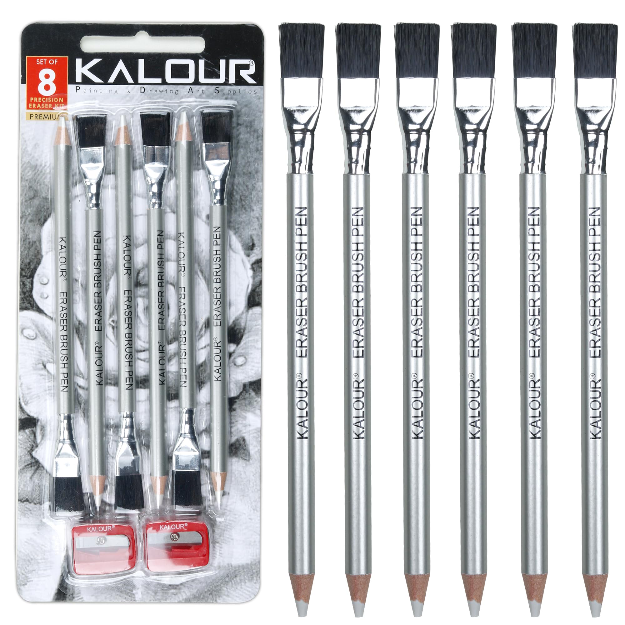 KALOUR Detail Eraser Pencil - 6pc Eraser Pencils with Brush and 2pc Sharpener,Erasing Small Details or add Highlights for Sketching, Charcoal Drawings. Fine Detail Eraser for Beginners & Artists