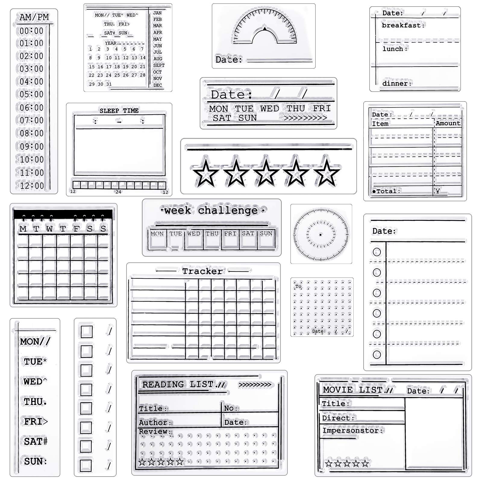 Zonon 18 Pieces Journal Stamps Clear Journal Stamps, 4 Sheets Silicone Calendar Planner Stencils for Bullet, Week Dates Month Organizer Tasks Ideas DIY Making Crafts Scrapbooking Supplies