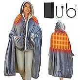 12V Heated Blankets Battery Operated,Cordless Heating Blanket Wearable Shawl,Portable Electric Wrap Poncho Blanket Hoodie,15000mah Sherpa Heated Throw Blanket 3 Heat sets for Car,Indoor,Camping,Picnic