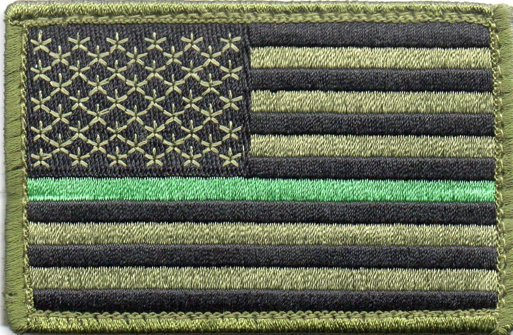 Green US Flag Thin Green Line Patch for Park Rangers, US Border Patrol, and Environment Services Personnel with Hook/Loop Backing