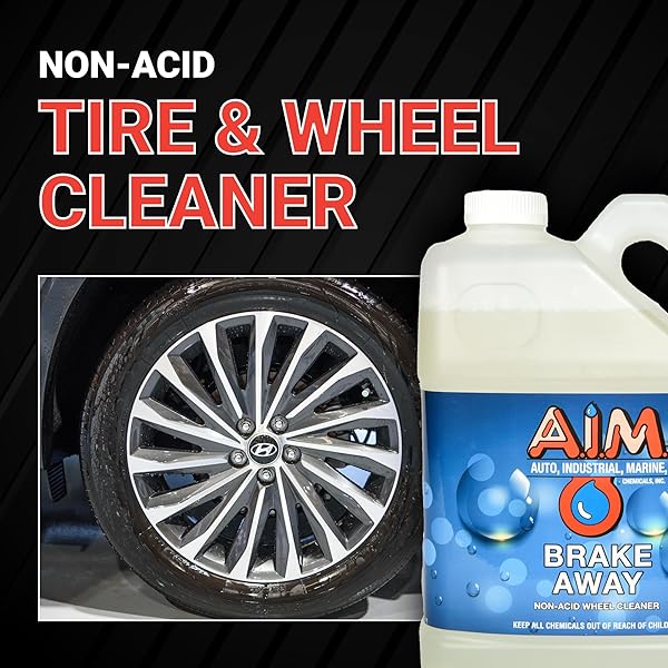 AIM CHEMICALS BRAKE AWAY NON-ACID WHEEL & TIRE CLEANER – HEAVY DUTY DEGREASER & ENGINE CLEANER – REMOVES BRAKE DUST, GREASE, GRIME, ALUMINUM BRIGHTENERS – IDEAL FOR CARS, BOATS, RVS & EQUIPMENT, 1 GAL