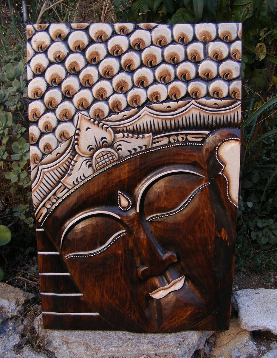 Bali Buddha Wood Wall Plaque Meditating Art Home Decor Feng Shui 24" x 15"