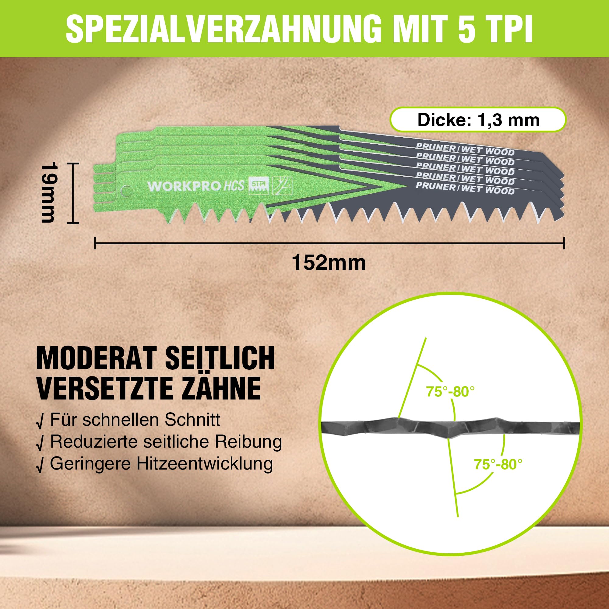 WORKPRO Säbelsägeblätter Set 5-teilig, Sägeblatt 152mm 5TPI aus HCS, zum Schneiden vom Zweigen, Kompatibel mit gängigen Säbelsägen 2