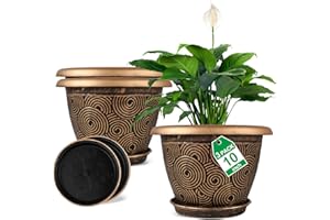 FODETYFF 10 Inch Flower Pots Planters for Indoor Outdoor Plants, 3 Pack Plastic Large Plant Pots with Drainage Hole & Tray, Modern Decorative Garden Pot with Saucer, Plant Container for House
