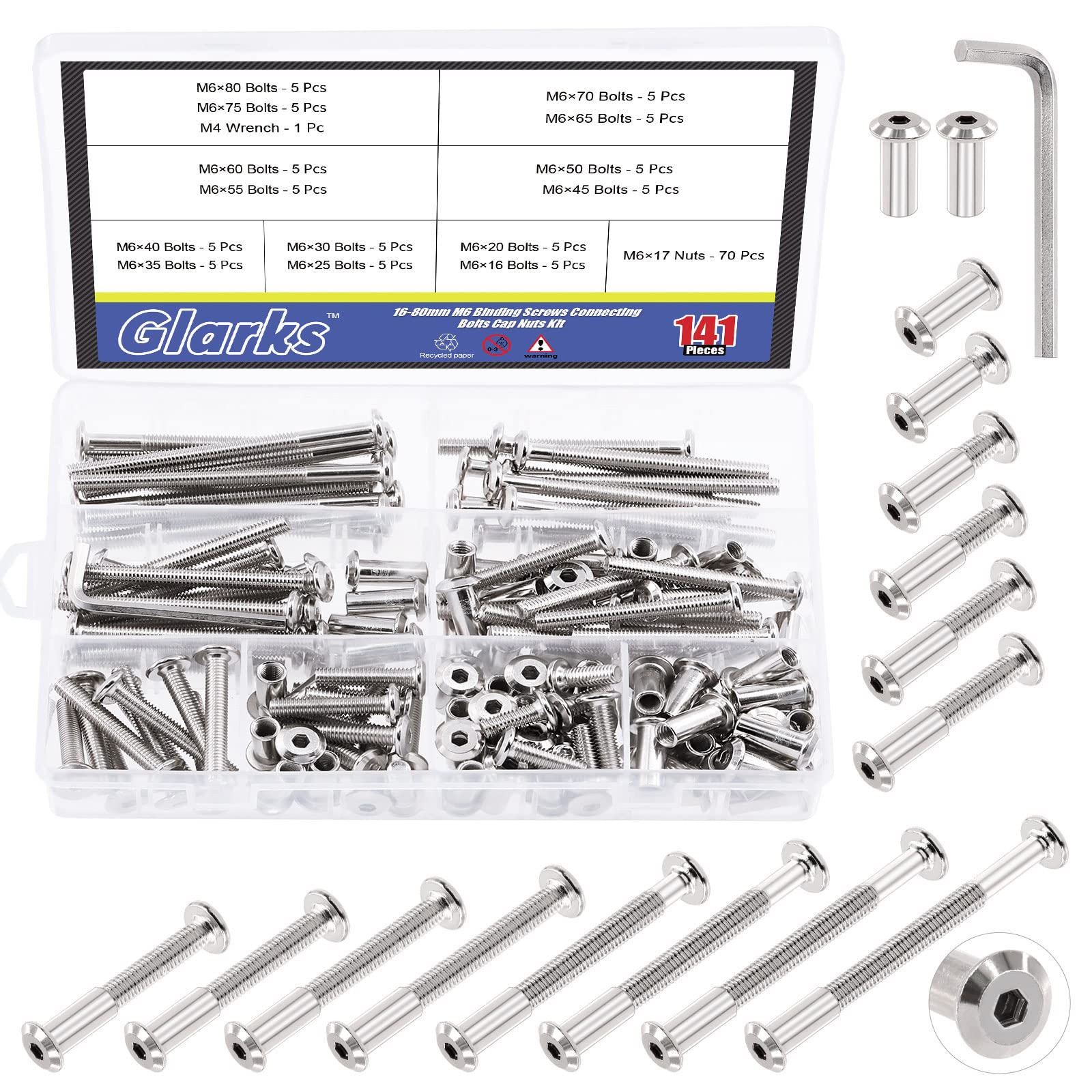 Glarks 141Pcs M6 Hex Drive Socket Head Cap Bolts Assortment Kit, 140Pcs 14 Sizes Nickel-Plated Socket Cap Screws Barrel Nuts with 1Pc M4 Hex Wrench for Baby Crib Bed Furniture Repair
