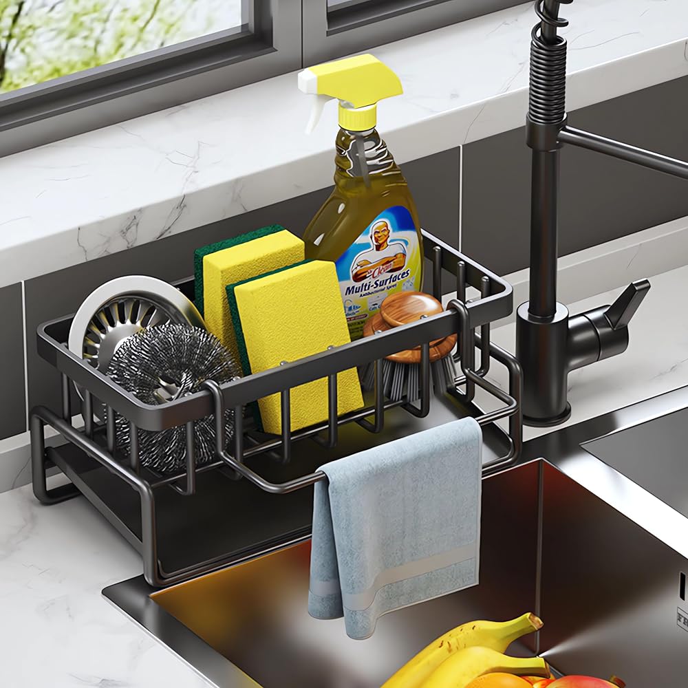 ViVaVee Sink Caddy Kitchen Storage Organiser with Sponge Holder Black