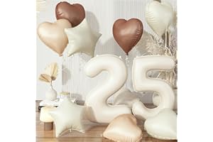 GOVPY 25th Birthday Balloons Set, Nude Brown Sand White Neutral Heart Balloon Decor, Cream Beige Tan Foil Number 25 Balloon Star Balloon for Women Men Birthday Anniversary Party Boho Decoration Supplies
