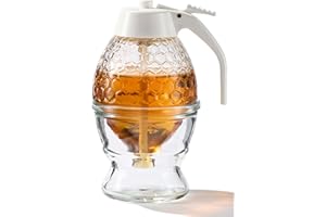 PAULSWAY Not Chromed Glass Honey Dispenser, Food-Grade ABS White Lid – No Drip Glass with Stand – 8 oz Honey Jar – Honeycomb 