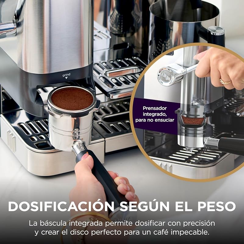 Luxe Pro, Cafetera 3 en 1, con Molinillo y Espumador, Plata