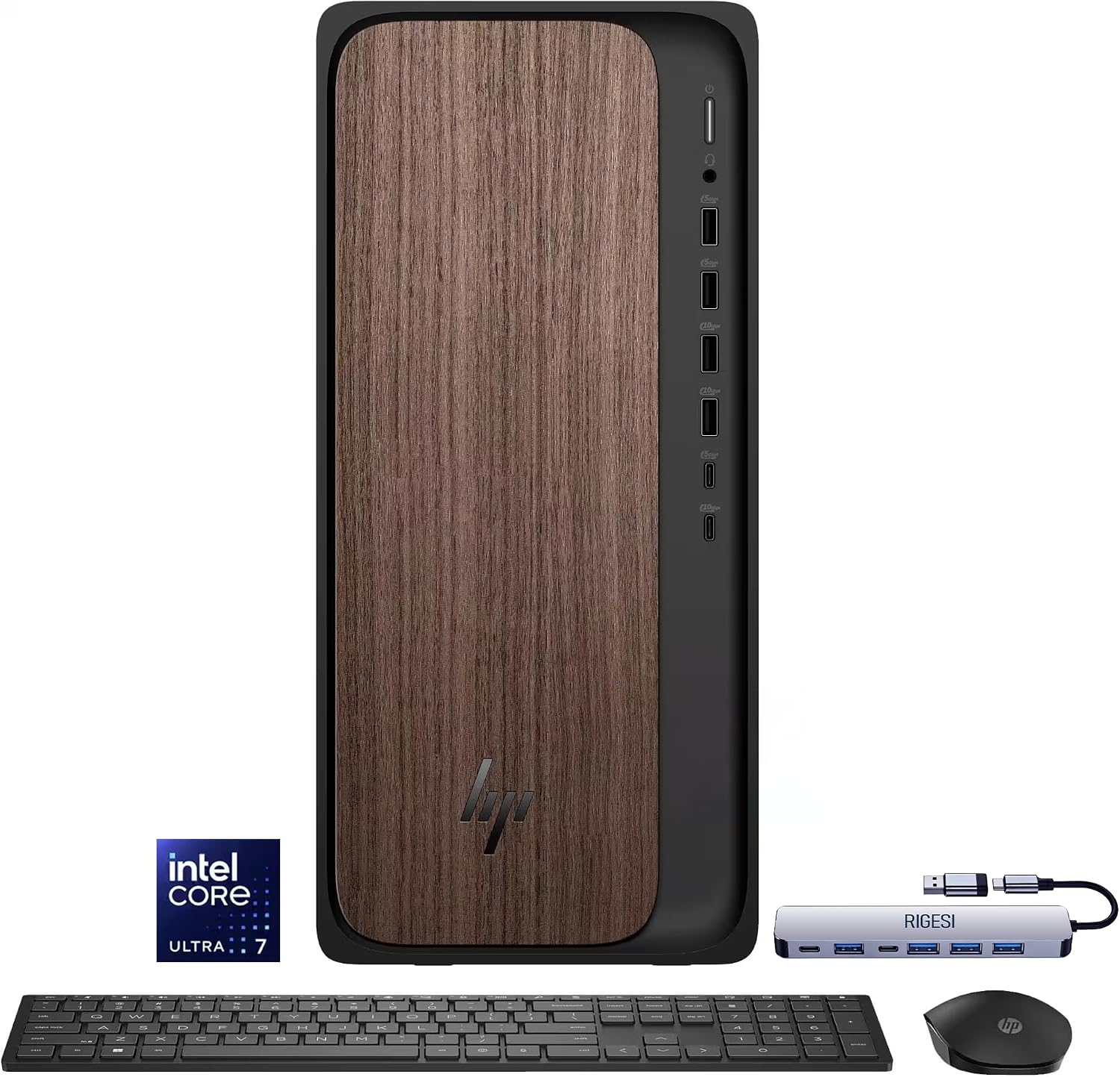 HP OmniDesk Desktop Computer – Intel Core Ultra 7 265,32GB DDR5 1TB SSD,Sleek Dark Wood Design, AI-Ready Performance, Windows 11 Pro with Dockstation