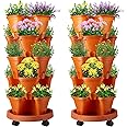 Umigy 2 Set 5 Tier Stackable Planters Vertical Garden Planters Strawberry Herb Flower and Vegetable Planter Indoor Outdoor Gardening Pots with Removable Wheels and Bottom(Terracotta)